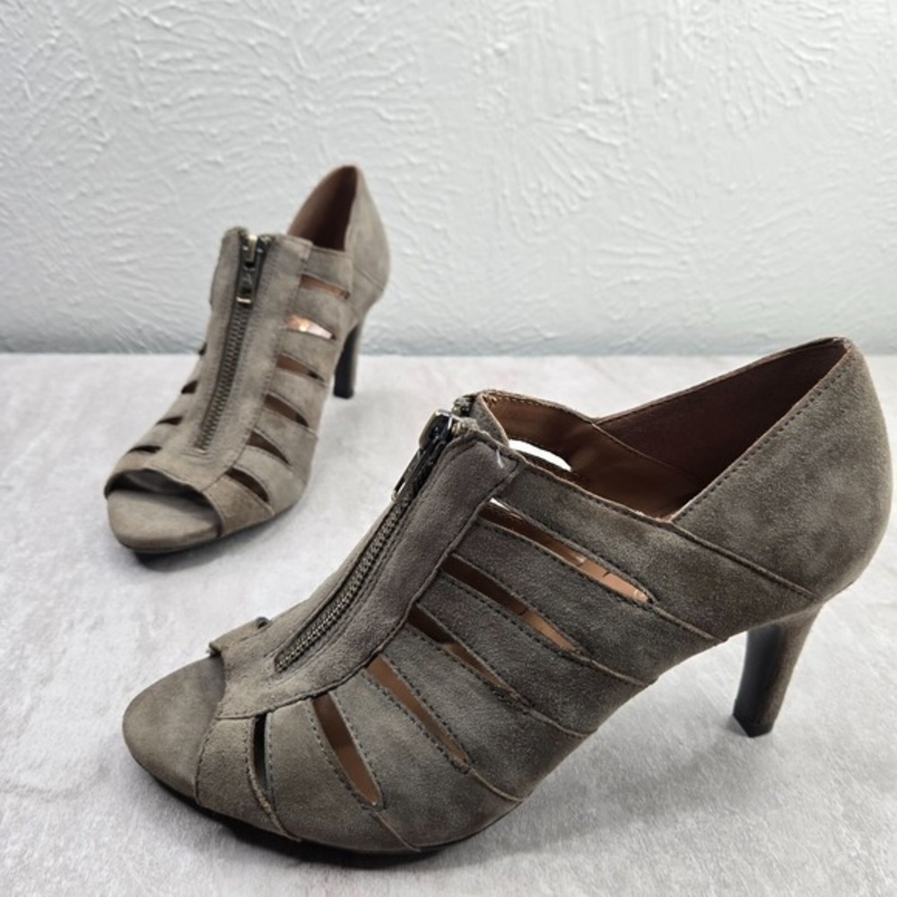 Aerosoles Peep Toe Ankle Bootie Sz 7.5 Dark Green Suede Strappy Heeled Shoe Boot - Picture 1 of 12